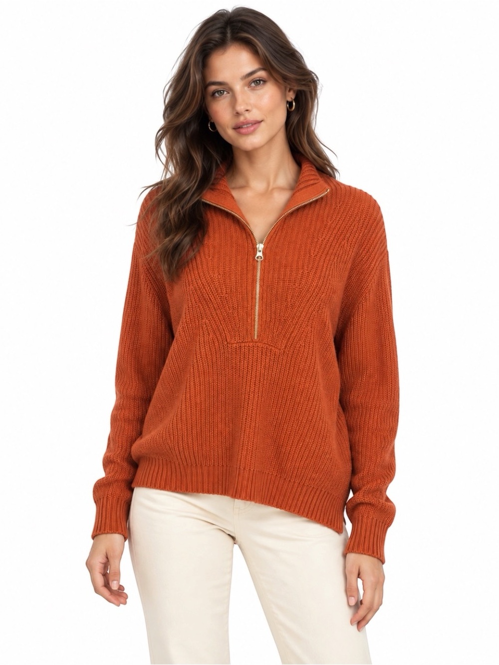 Veronica Beard Burnt Orange Misty Cotton-Cashmere Half-Zip Sweater Women’s XL